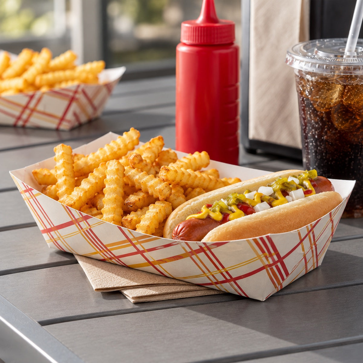 Custom paper food trays with full color printed branding for snacks and restaurant packaging