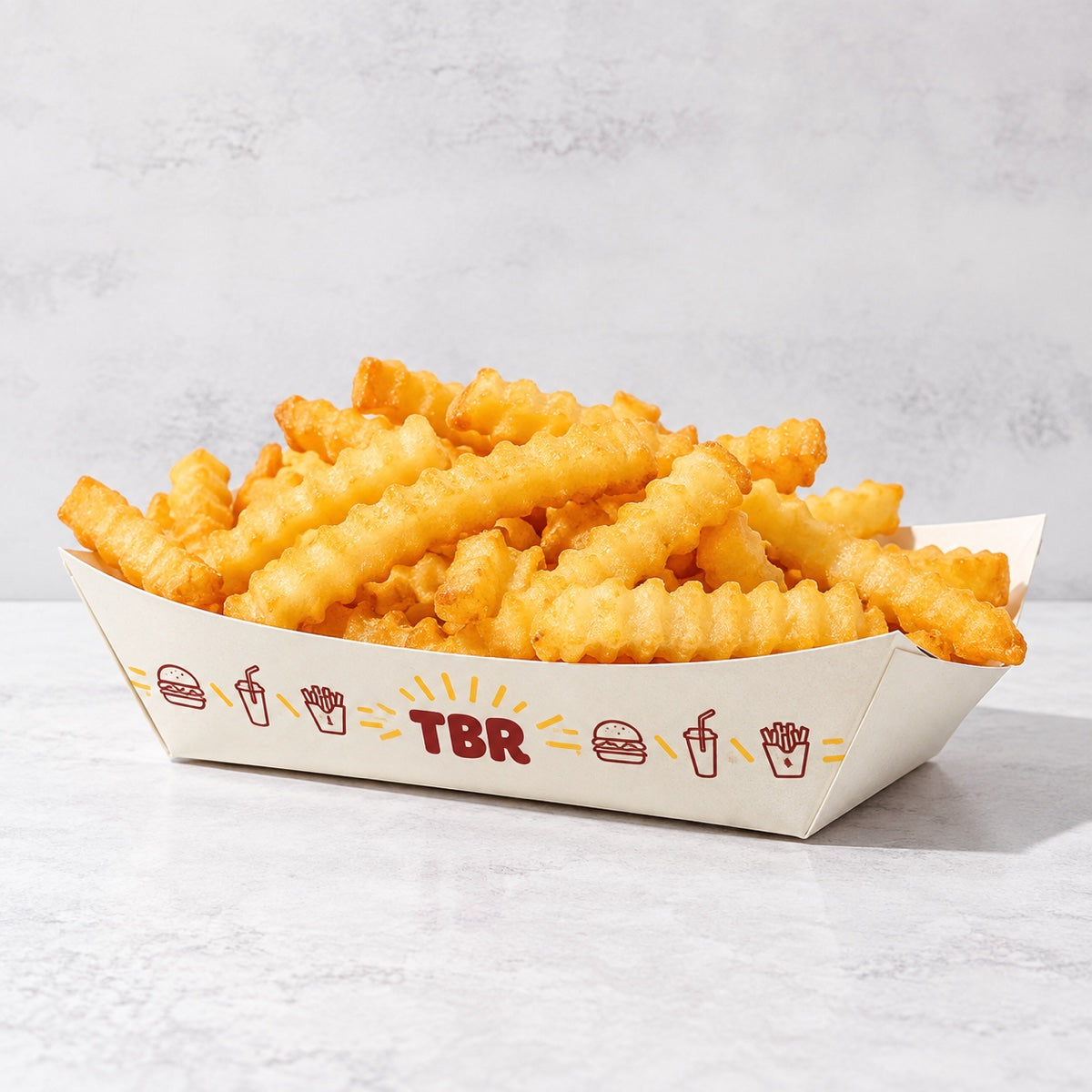 Custom printed paper food tray detail with clean folds and branded food packaging