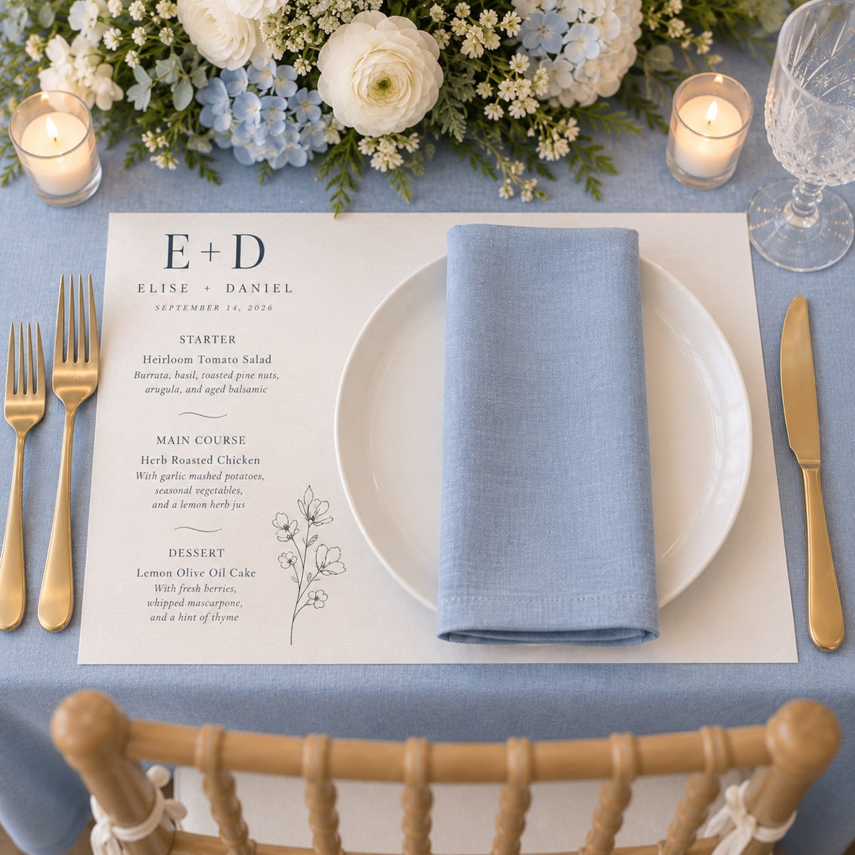 Custom printed paper placemat with elegant blue table setting for restaurant and event dining