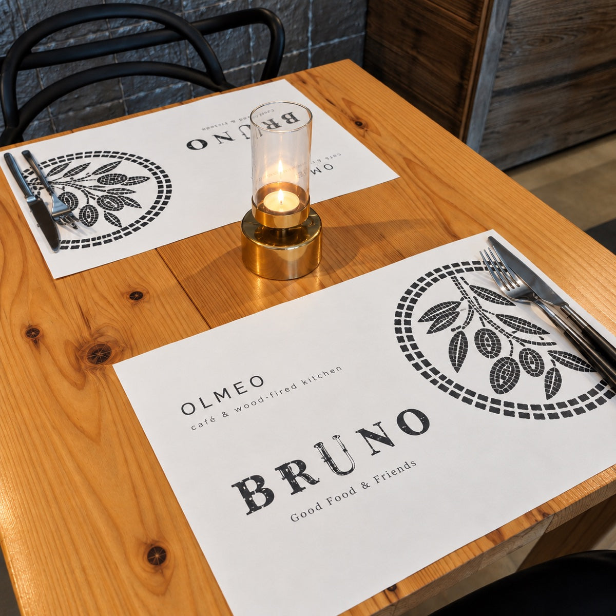 Custom printed paper placemats with rustic cafe table setting and patterned disposable dining mats