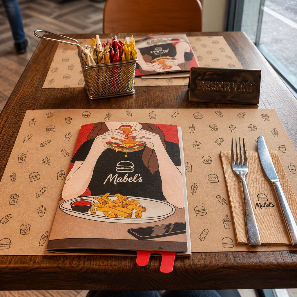 Custom printed paper placemat sample for burger restaurant table service and branded disposable mats