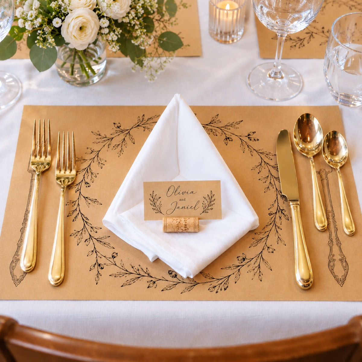 Custom printed paper placemat for elegant wedding table setting with personalized disposable dining mat design
