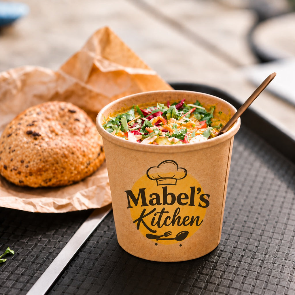 Custom printed paper soup container with branded kraft paper bowl packaging for fresh takeaway meals