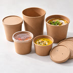 Custom printed paper soup cups with kraft finish and branded restaurant takeaway packaging