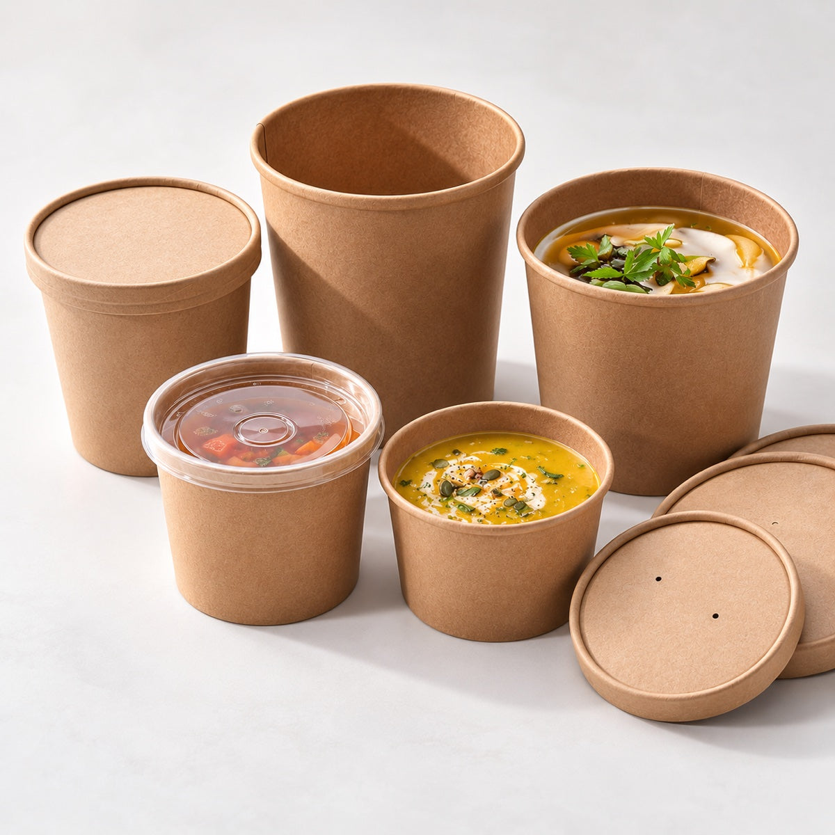 Custom printed paper soup cups with kraft finish and branded restaurant takeaway packaging
