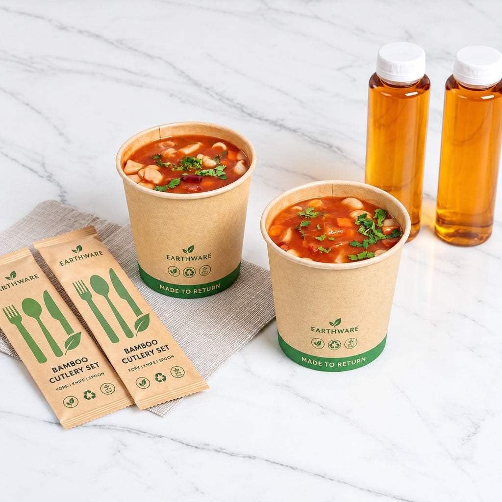 Custom paper soup container set with eco style printing and food service packaging detail