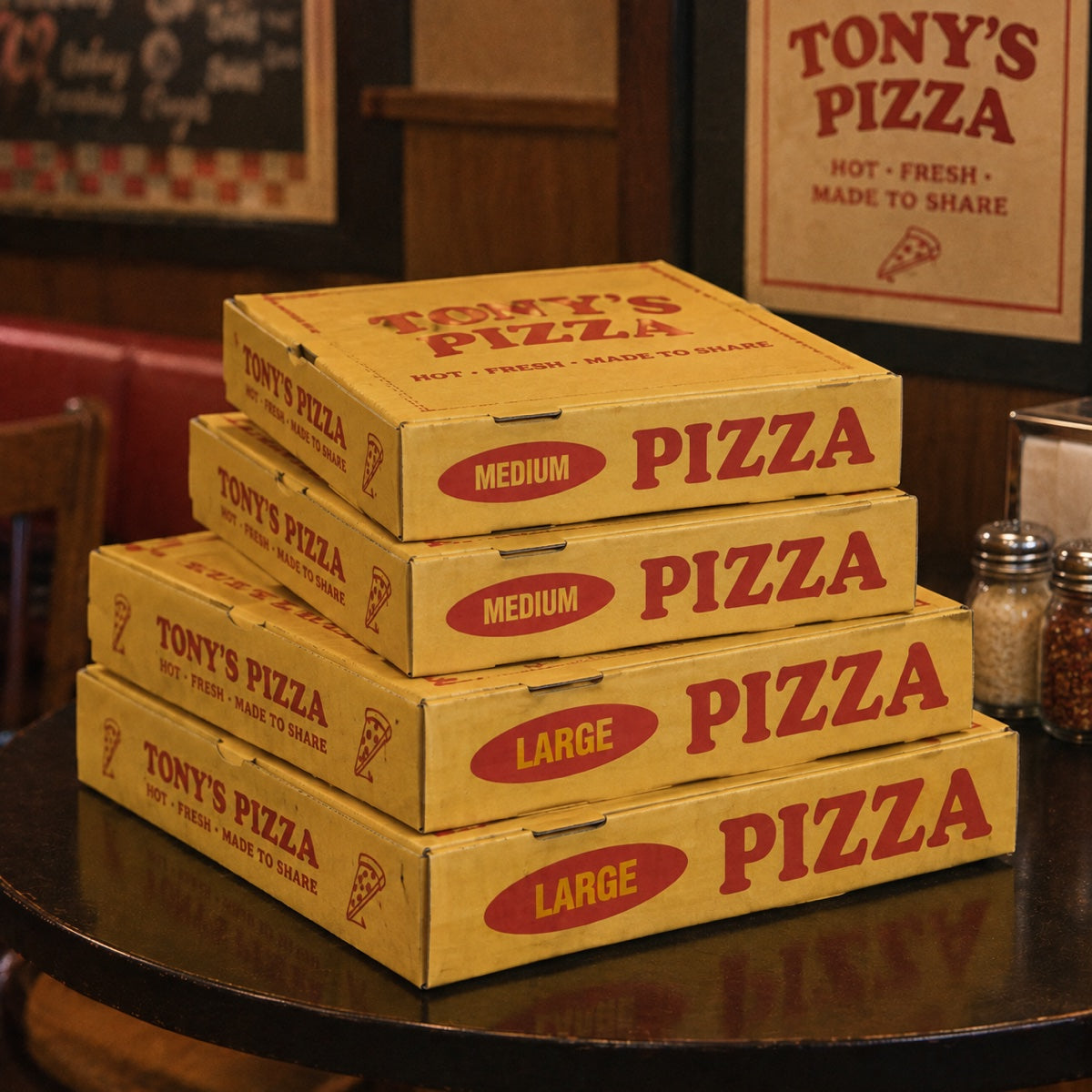 Custom printed pizza box sample showing stacked paperboard boxes and logo print detail