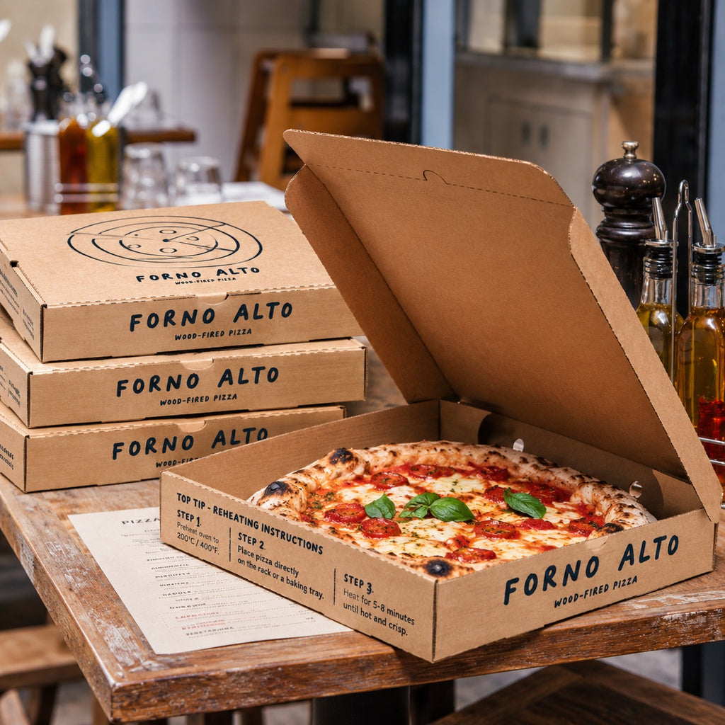 Custom printed pizza box detail with clean folds and branded food delivery packaging