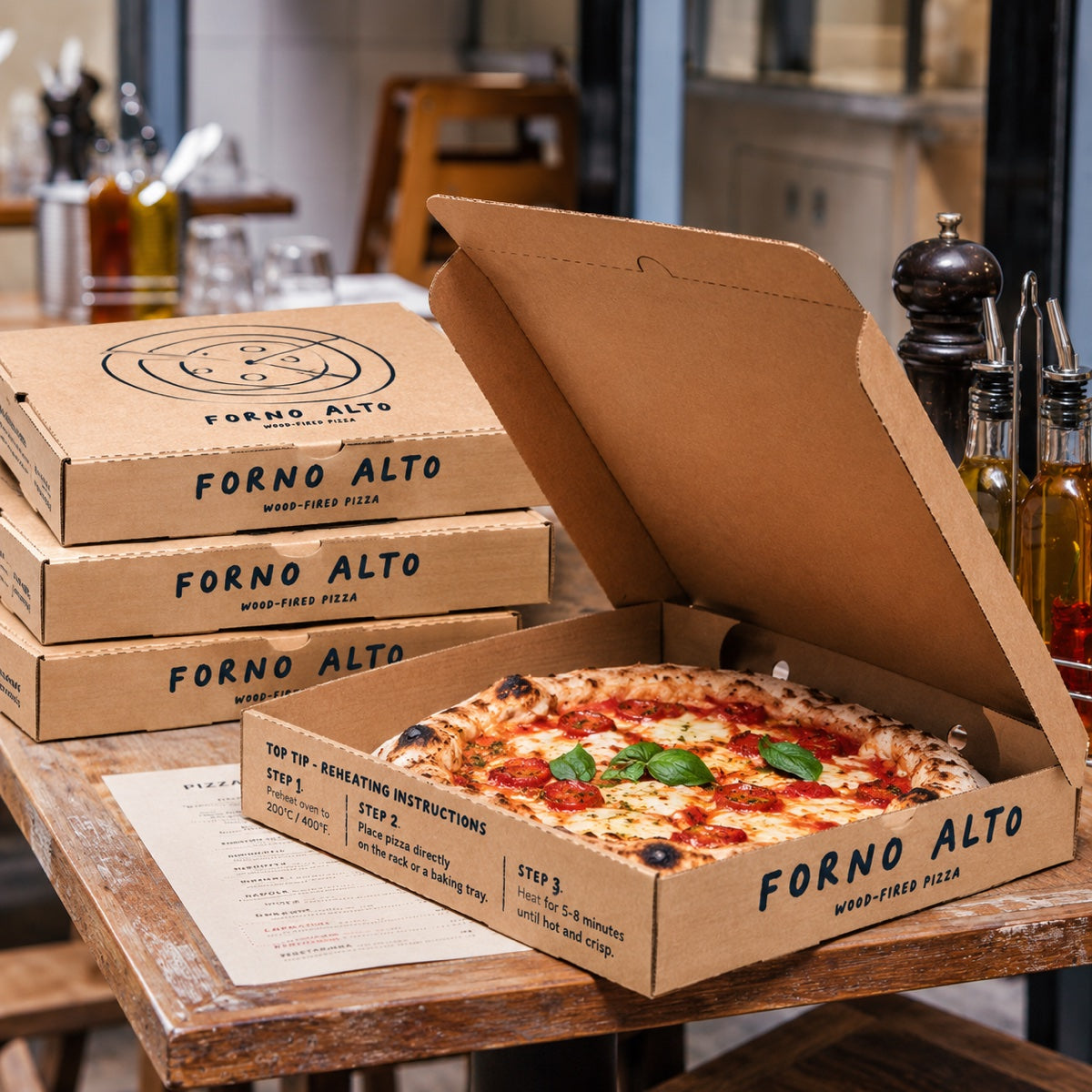 Custom printed pizza box detail with clean folds and branded food delivery packaging
