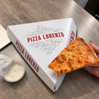 Custom printed pizza slice box sample showing triangular paperboard construction and logo print detail