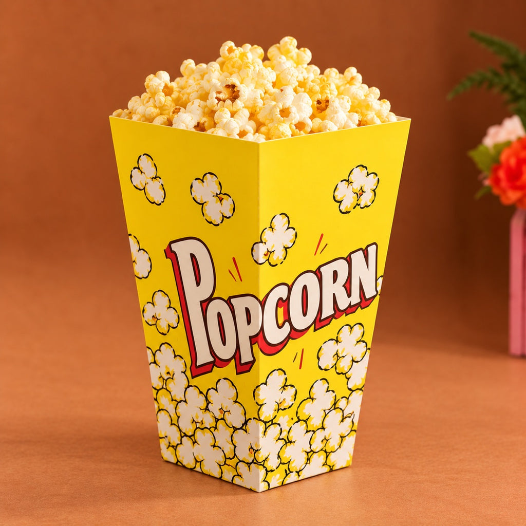 Custom printed popcorn box sample showing folded paperboard construction and logo print detail