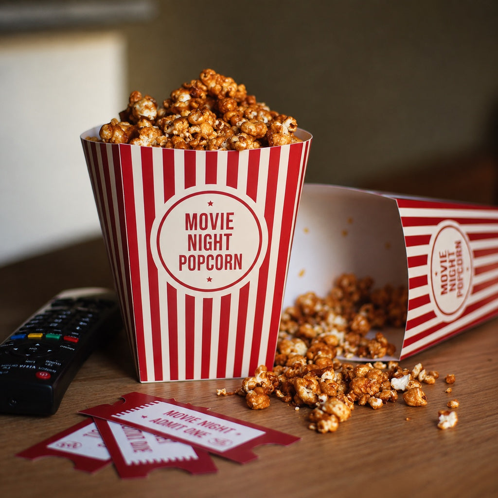 Custom popcorn boxes with full color printed branding for movie nights and food packaging
