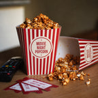 Custom popcorn boxes with full color printed branding for movie nights and food packaging