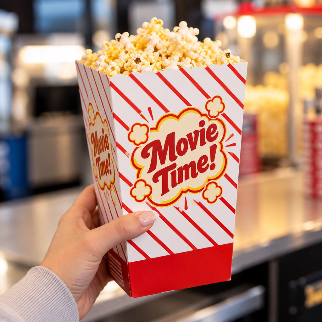 Custom printed popcorn box detail with clean folds and branded snack packaging