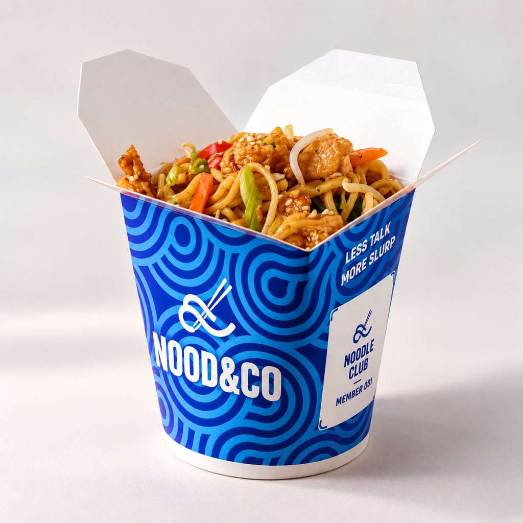 Custom printed round noodle box sample with branded paperboard construction and stir fried noodle presentation