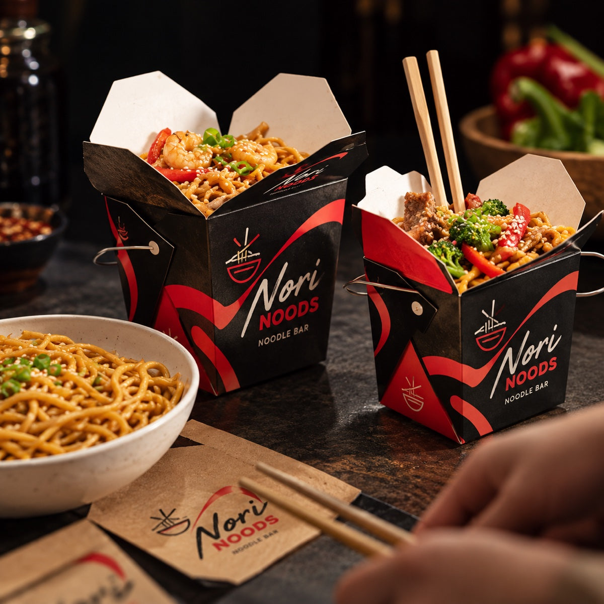 Custom printed square noodle boxes with full color restaurant branding and takeaway food presentation