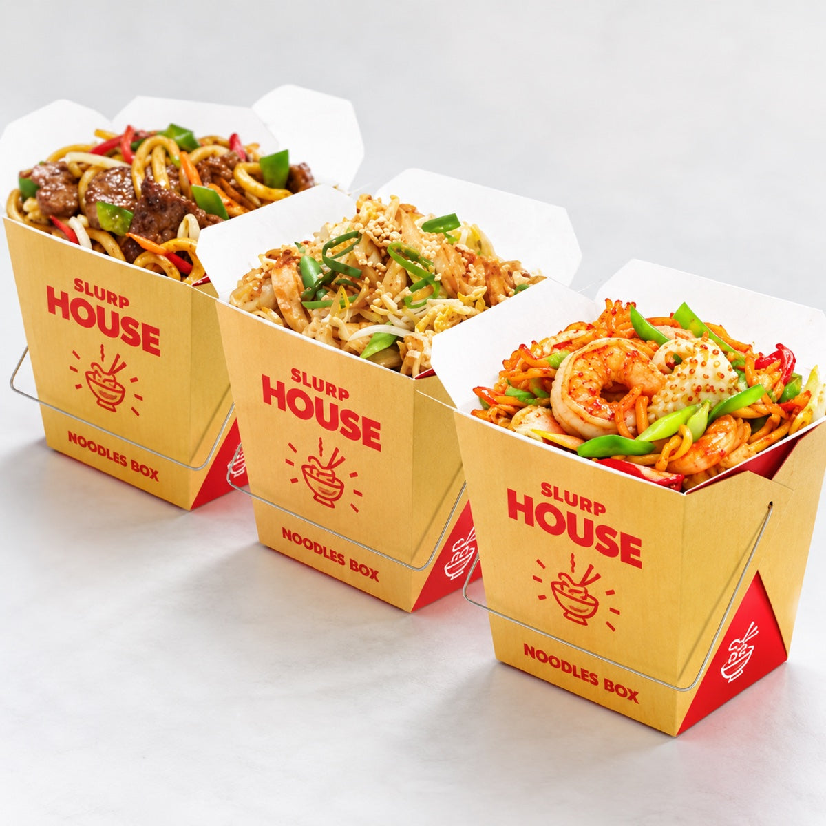 Custom square noodle box trio showing printed logo artwork and folded paperboard construction