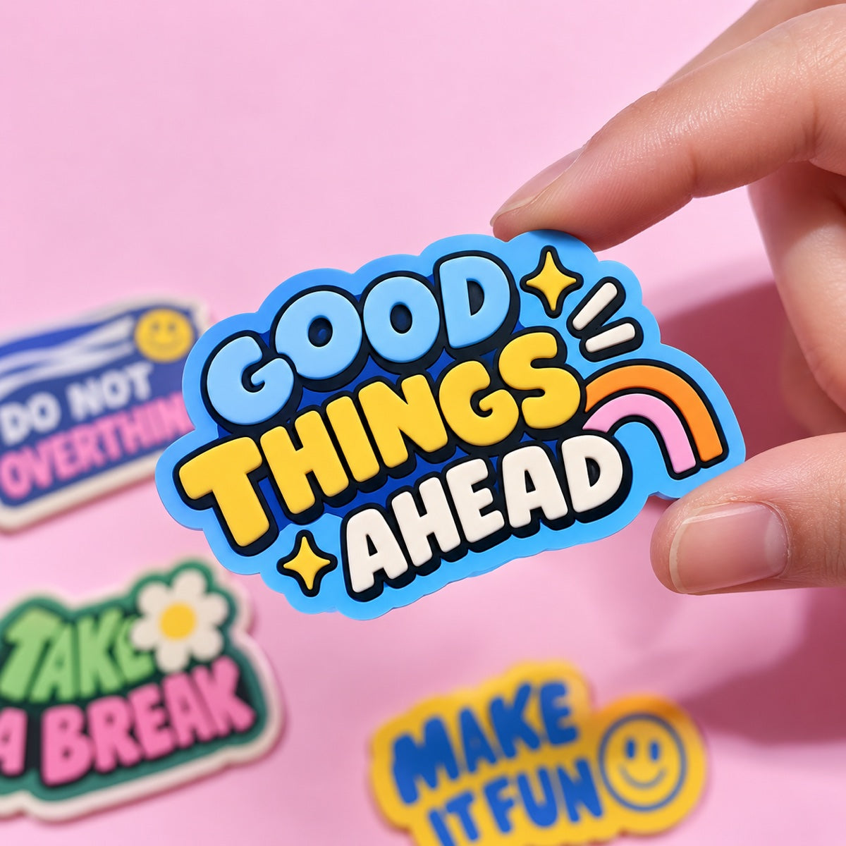 Custom PVC sticker sample showing flexible glossy vinyl material and print detail