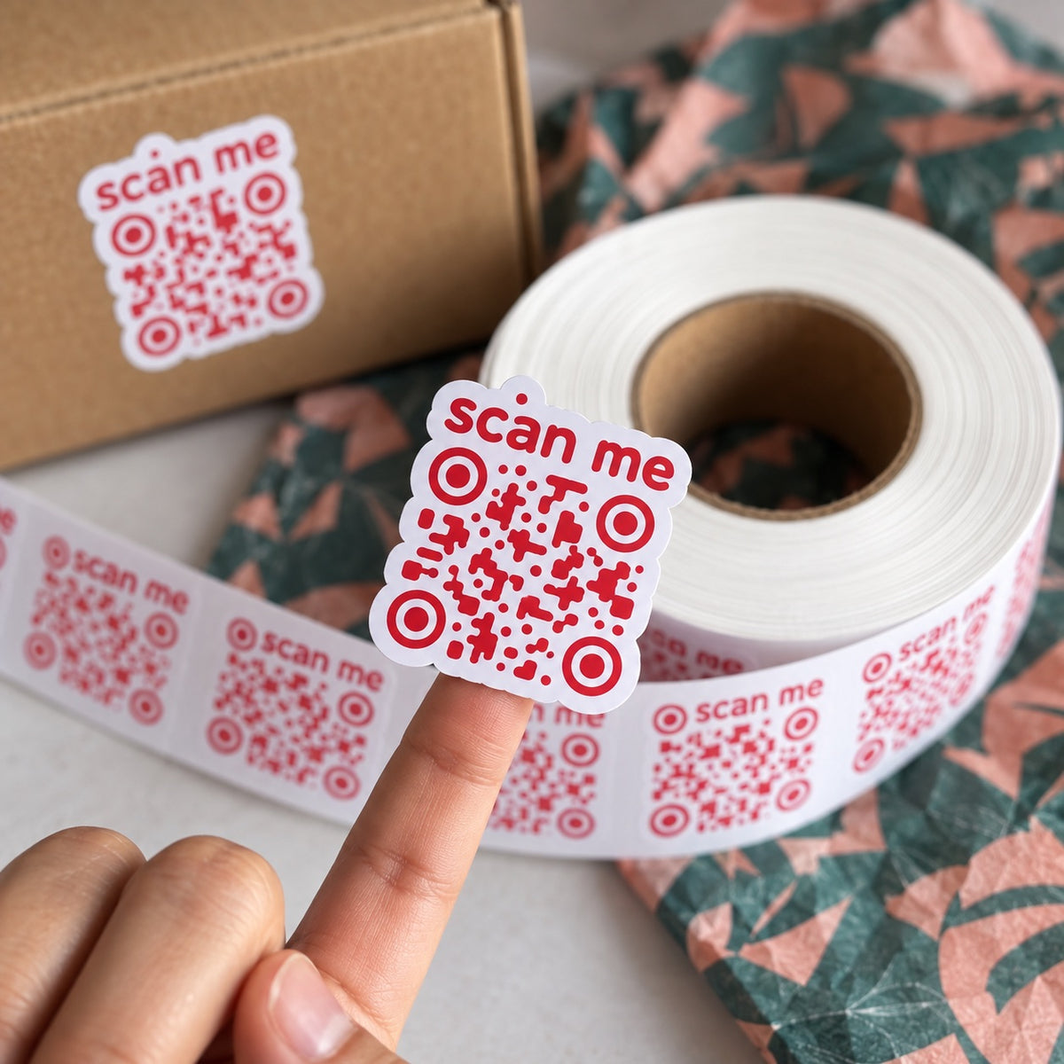Custom red QR code roll label balanced on a fingertip beside a kraft box and matching label roll.
