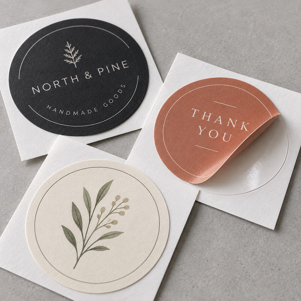 Custom round kiss cut logo and thank-you stickers in black, terracotta, and botanical designs on backing paper.