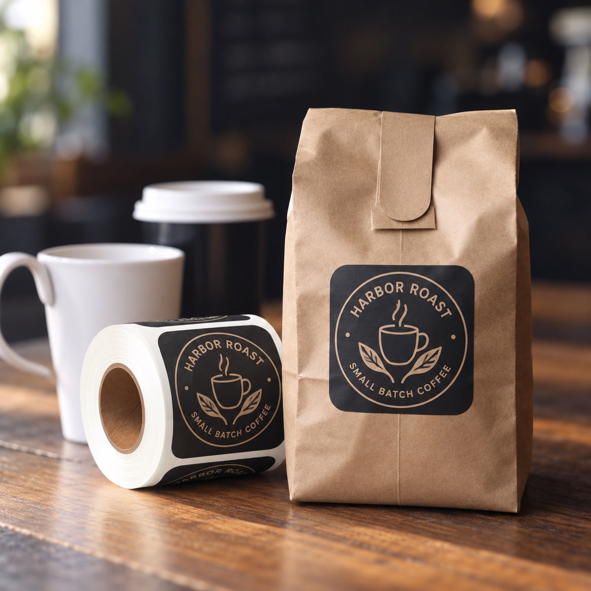 Custom black rounded corner coffee labels shown on a roll and applied to a kraft paper coffee bag.