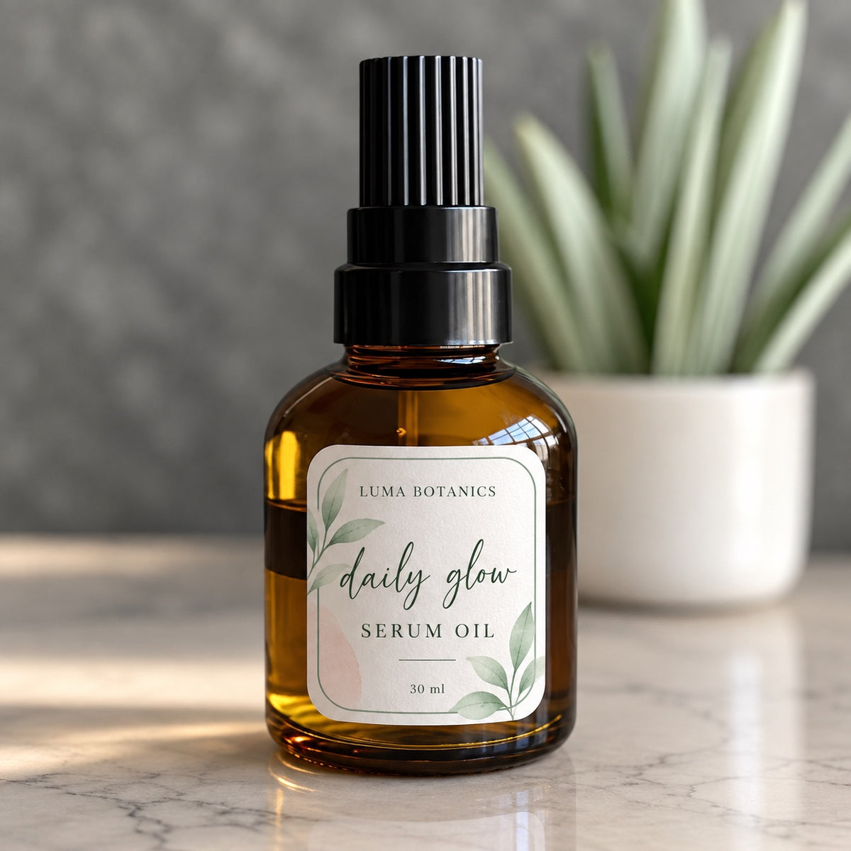 Custom botanical rounded corner product label applied to an amber glass serum oil bottle.