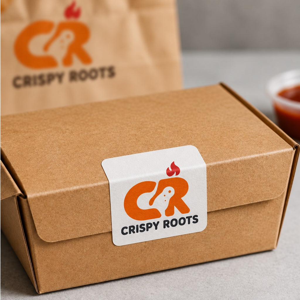 Custom white rounded corner logo sticker sealing a kraft takeout food box.