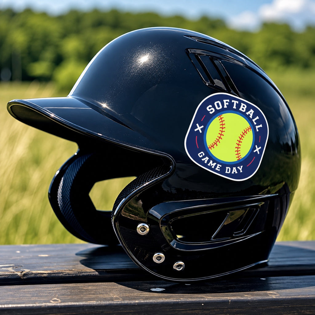 Custom softball helmet sticker sample showing glossy printed decal on batting helmet surface