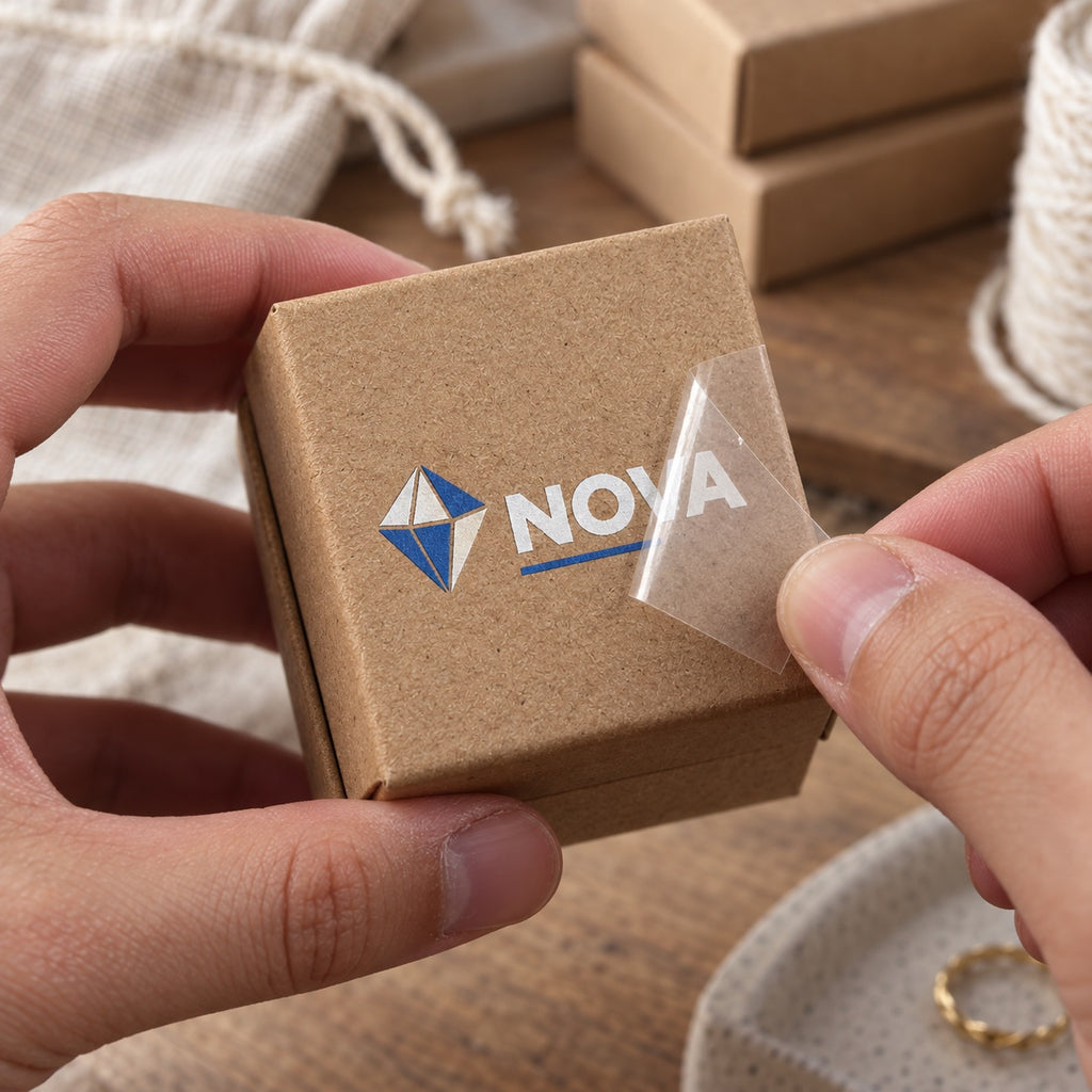 Blue and white custom logo transfer sticker applied to a small kraft paper jewelry box.
