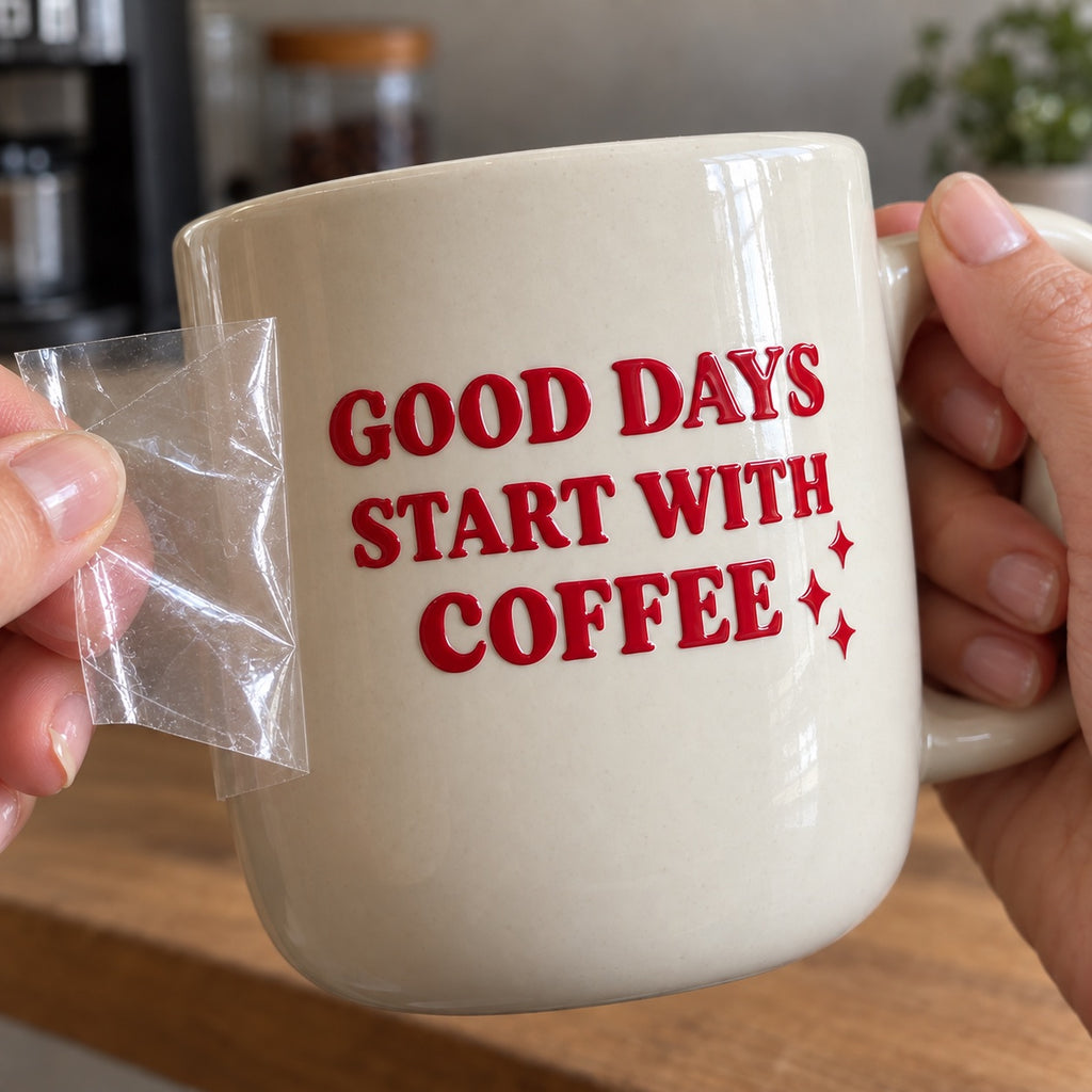 Red custom transfer lettering sticker applied to a ceramic coffee mug while the clear transfer film is peeled away.