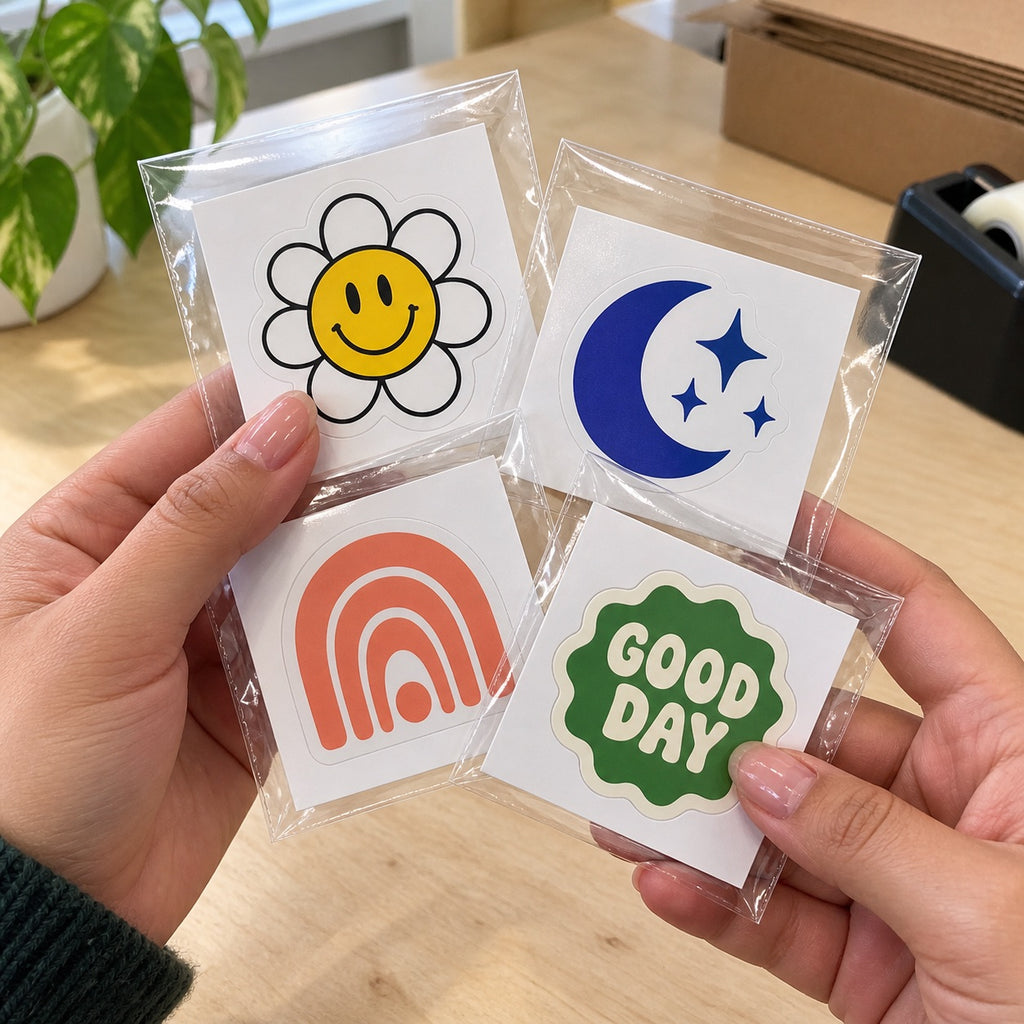 Hands holding individually packaged custom kiss cut stickers with flower, moon, rainbow, and Good Day designs.