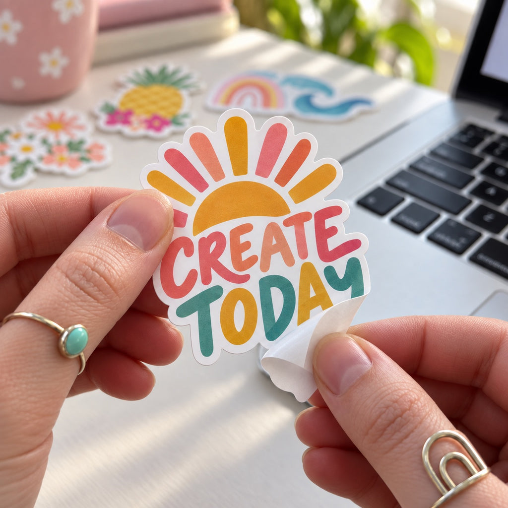 Hands peeling the backing from a colorful custom die cut sticker reading Create Today.
