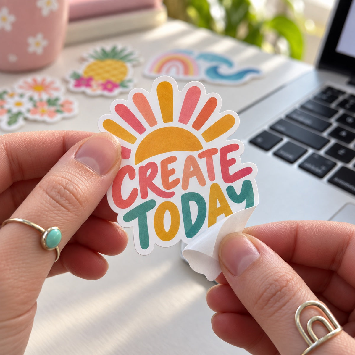 Hands peeling the backing from a colorful custom die cut sticker reading Create Today.