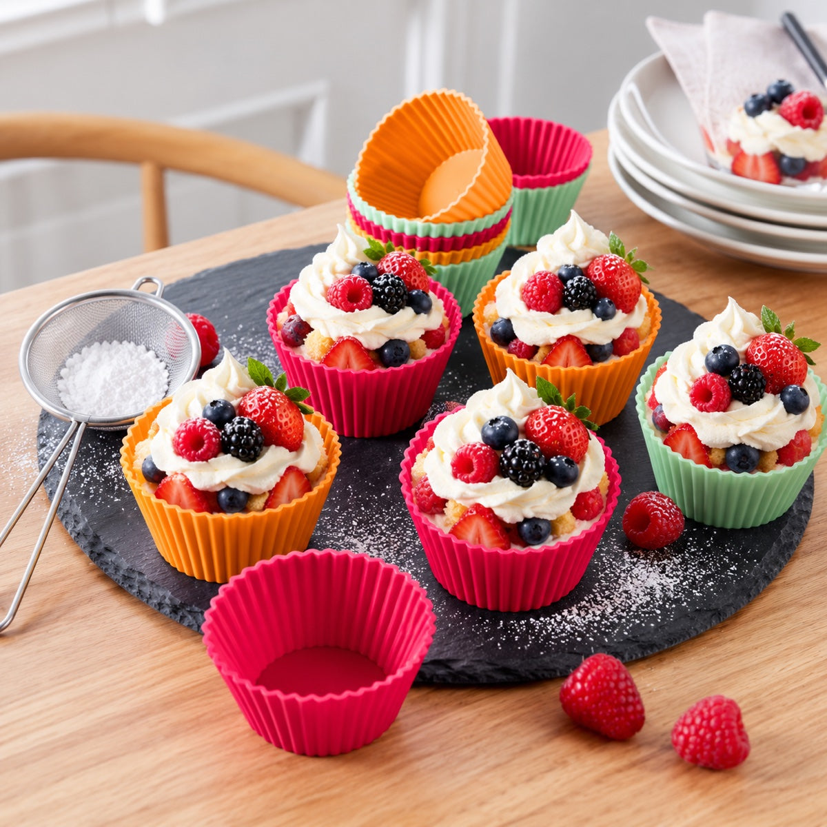 Reusable silicone dessert cups holding berry parfaits in colorful flexible serving molds